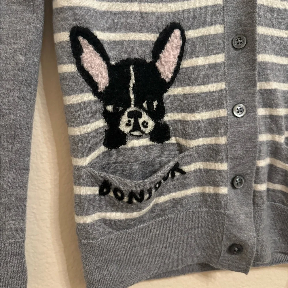 Kate Spade Broome Street Frenchie Bulldog Antoine Gray Wool Cardigan Sweater